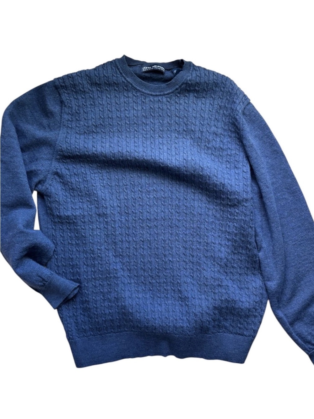 John Ashford Italy Men XL Sweater Merino Wool Blue Cable Knit Pullover Grandpa